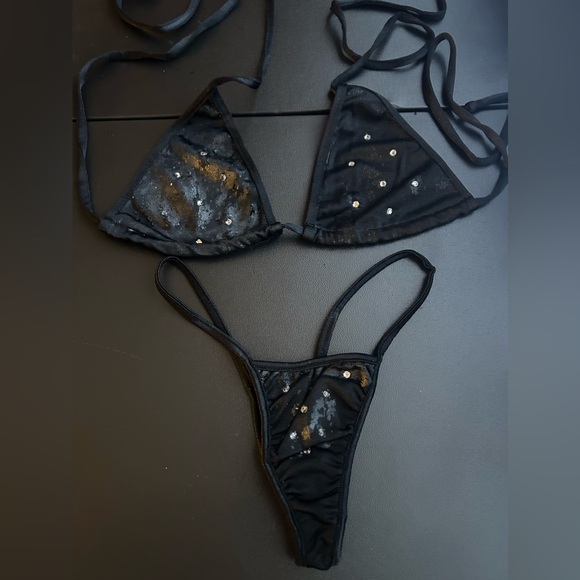 New with Many Defects Black Peeling Lame Bling Tri-Top Thong Bling Bottom Bikini - Picture 3 of 7